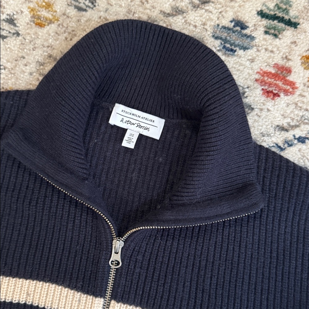 & Other Stories Striped Half Zip Sweater Wool Blend Navy Cream Stockholm Atelier - Picture 3 of 7